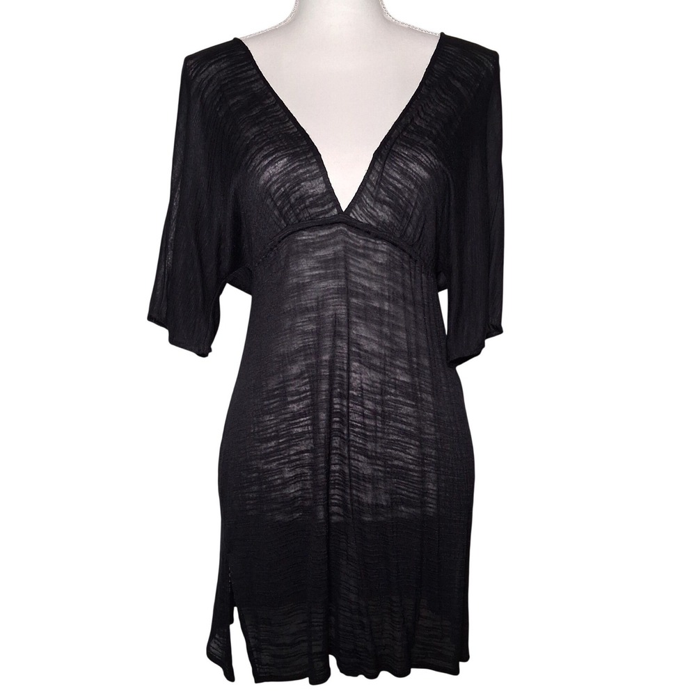 Vitamin A Paradise Plunge Swim Coverup S Tunic Black Viscose V-Neck USA Made